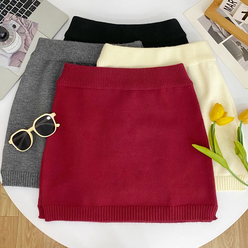 High Waist Plain Mini Knit Skirt