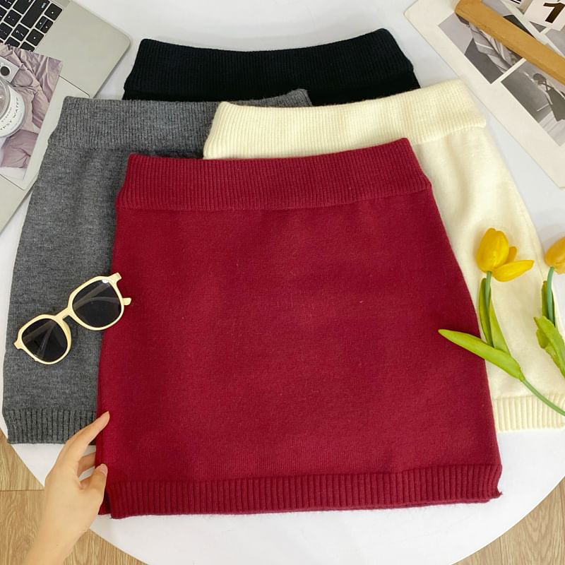 High Waist Plain Mini Knit Skirt