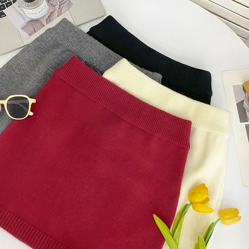 High Waist Plain Mini Knit Skirt