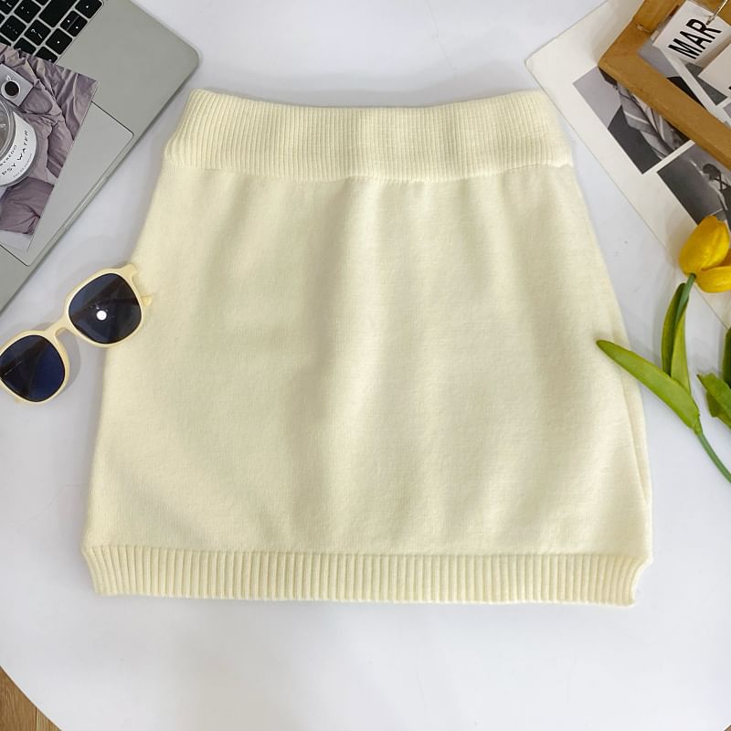 High Waist Plain Mini Knit Skirt