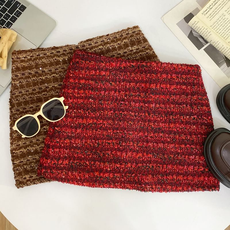 High Rise Tweed Sequined Mini Pencil Skirt