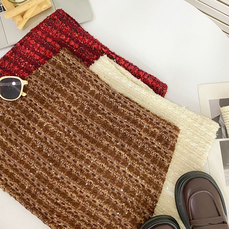 High Rise Tweed Sequined Mini Pencil Skirt