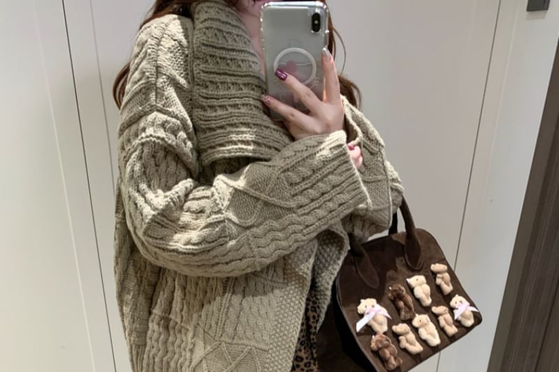 Leopard Mini Skirt & Cable Knit Cardigan Set