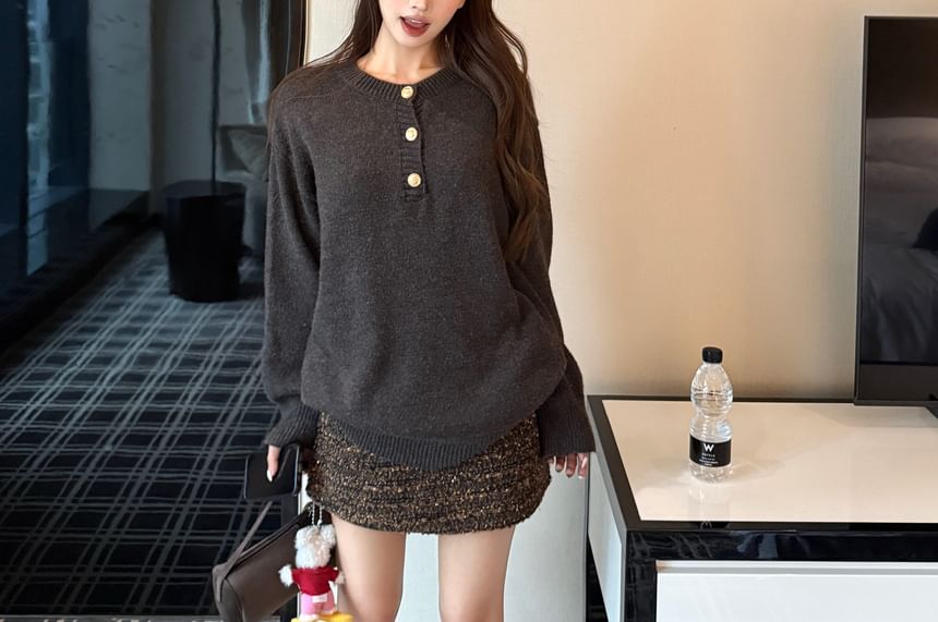 Henley Knit Top & Tweed Mini A-Line Skirt Set