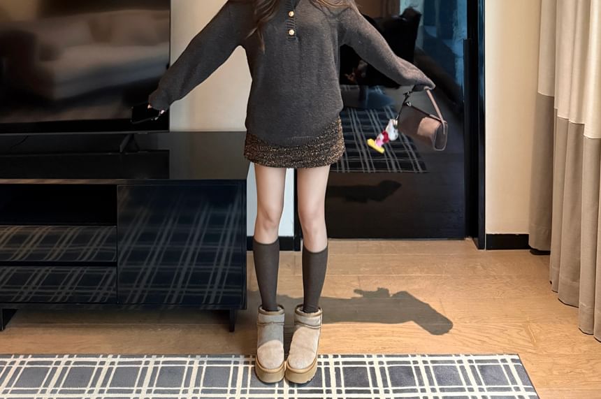 Henley Knit Top & Tweed Mini A-Line Skirt Set