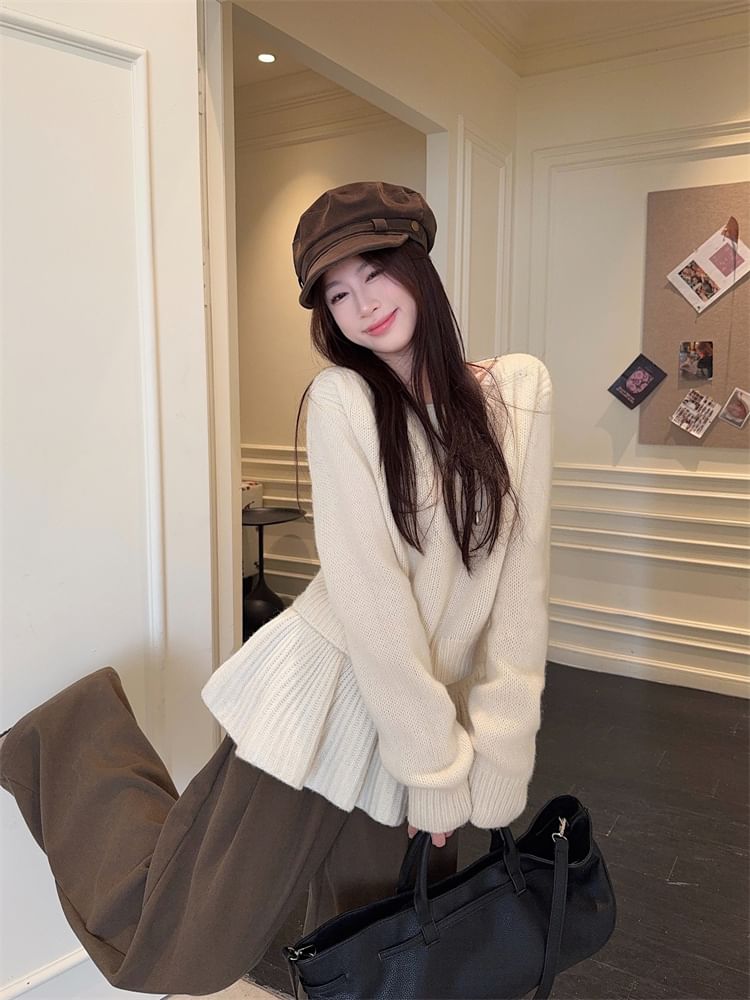 Set: Crew Neck Long-Sleeve Sweater & High-Waist Mini Skirt