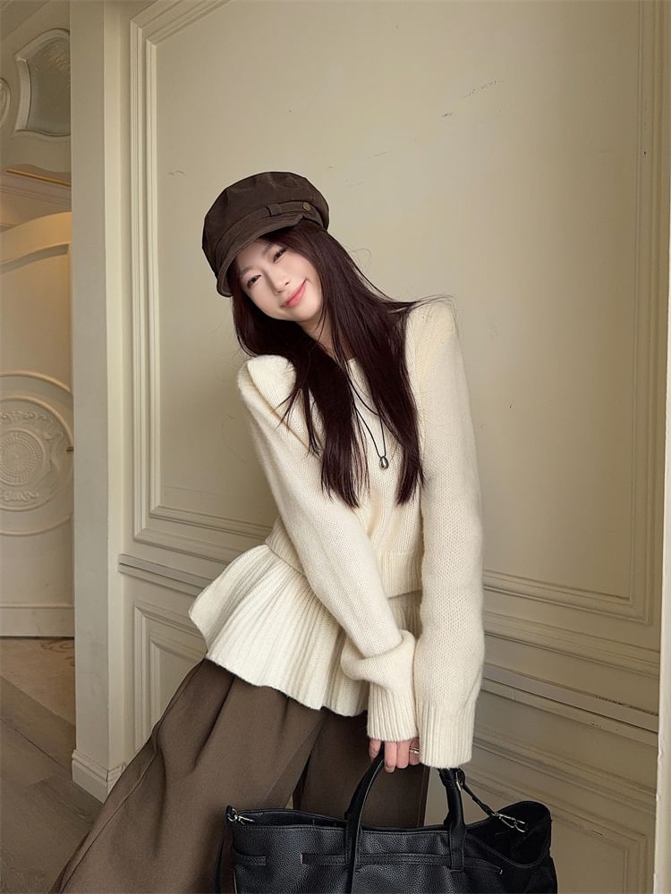 Set: Crew Neck Long-Sleeve Sweater & High-Waist Mini Skirt
