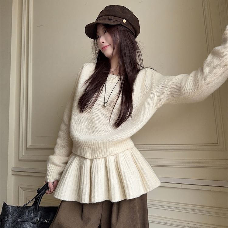 Set: Crew Neck Long-Sleeve Sweater & High-Waist Mini Skirt