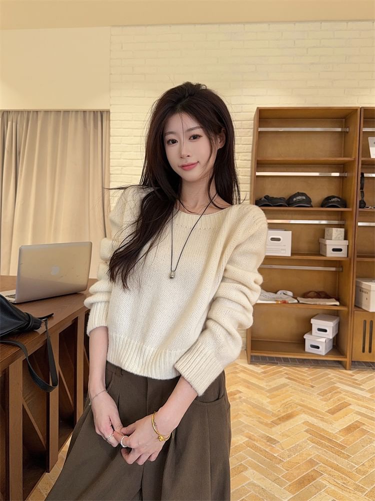 Set: Crew Neck Long-Sleeve Sweater & High-Waist Mini Skirt