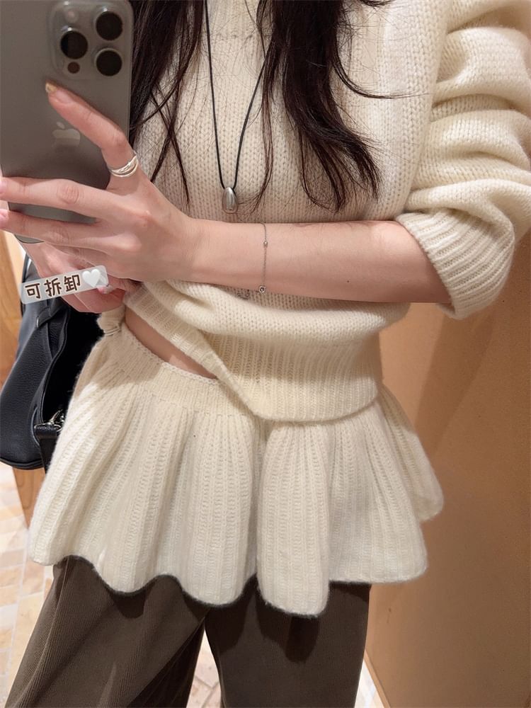 Set: Crew Neck Long-Sleeve Sweater & High-Waist Mini Skirt