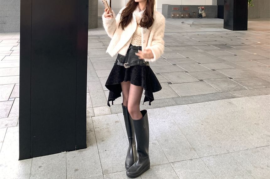 Fluffy Jacket & Asymmetrical Mini Skirt with Belt Set