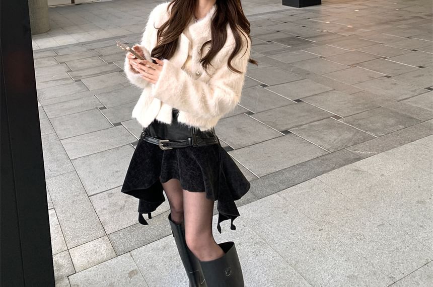 Fluffy Jacket & Asymmetrical Mini Skirt with Belt Set
