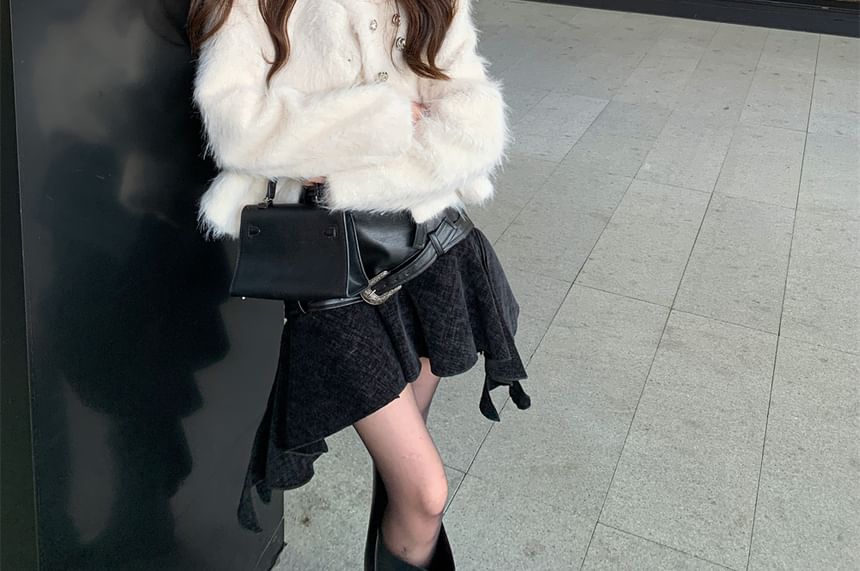 Fluffy Jacket & Asymmetrical Mini Skirt with Belt Set