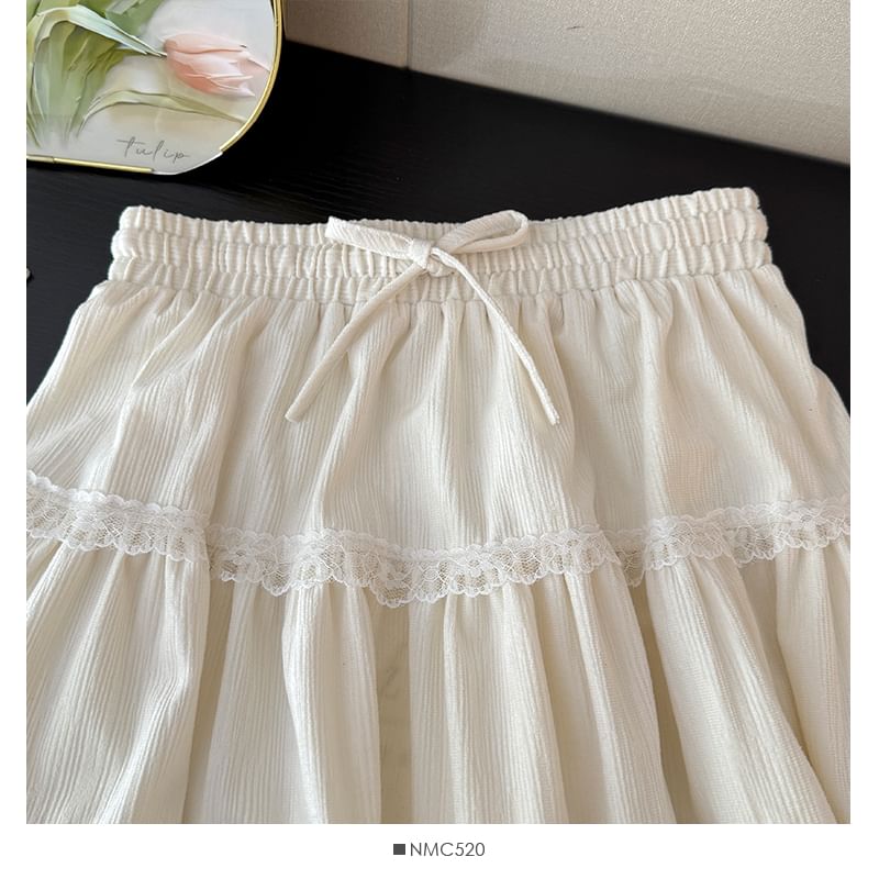 High Waist Drawstring Lace Panel Mini Skirt