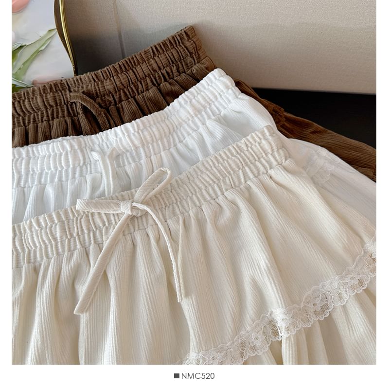 High Waist Drawstring Lace Panel Mini Skirt