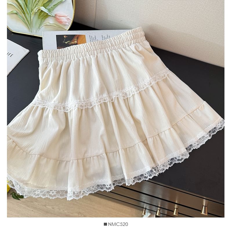 High Waist Drawstring Lace Panel Mini Skirt