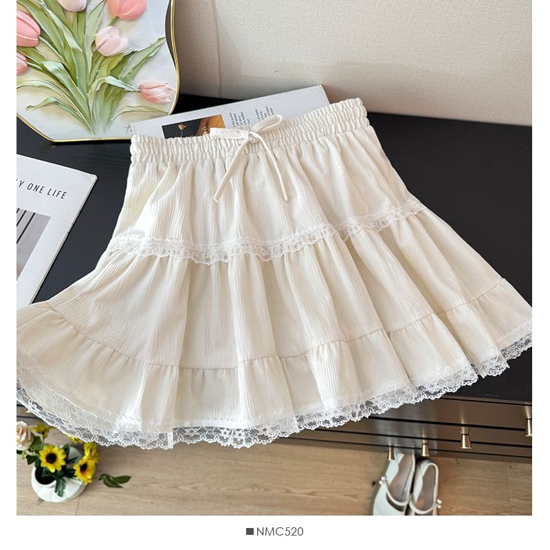 High Waist Drawstring Lace Panel Mini Skirt