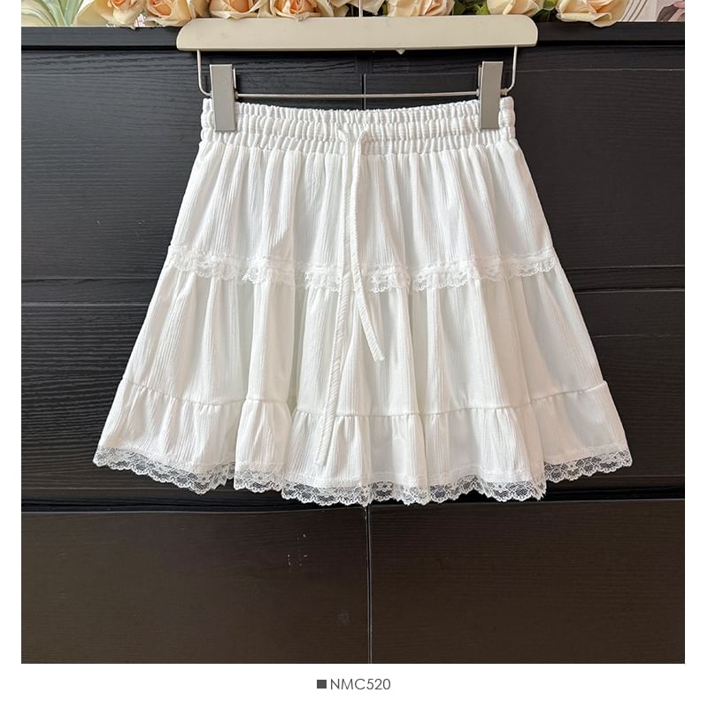 High Waist Drawstring Lace Panel Mini Skirt