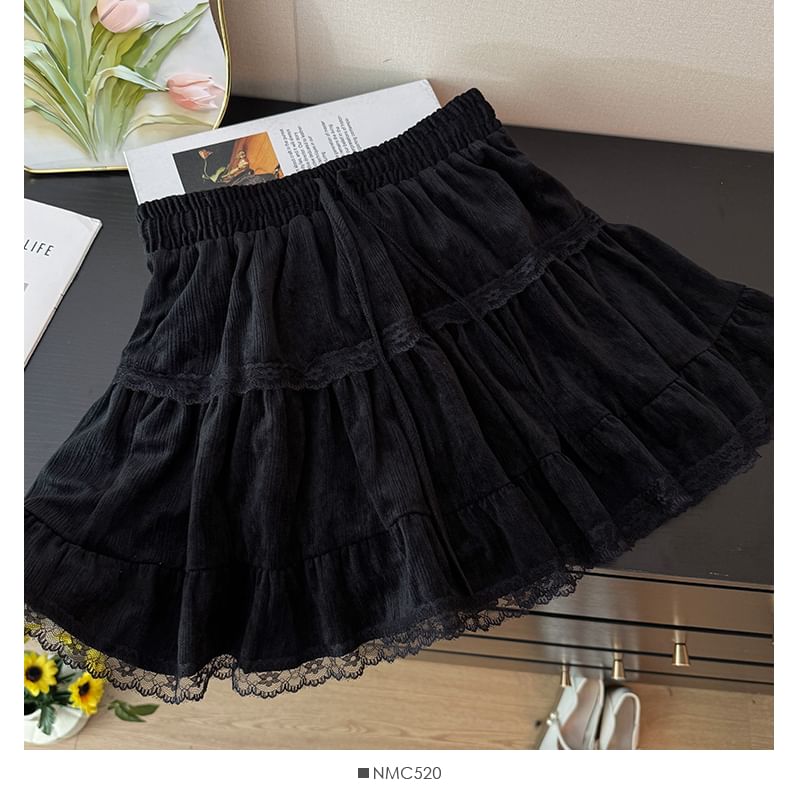 High Waist Drawstring Lace Panel Mini Skirt