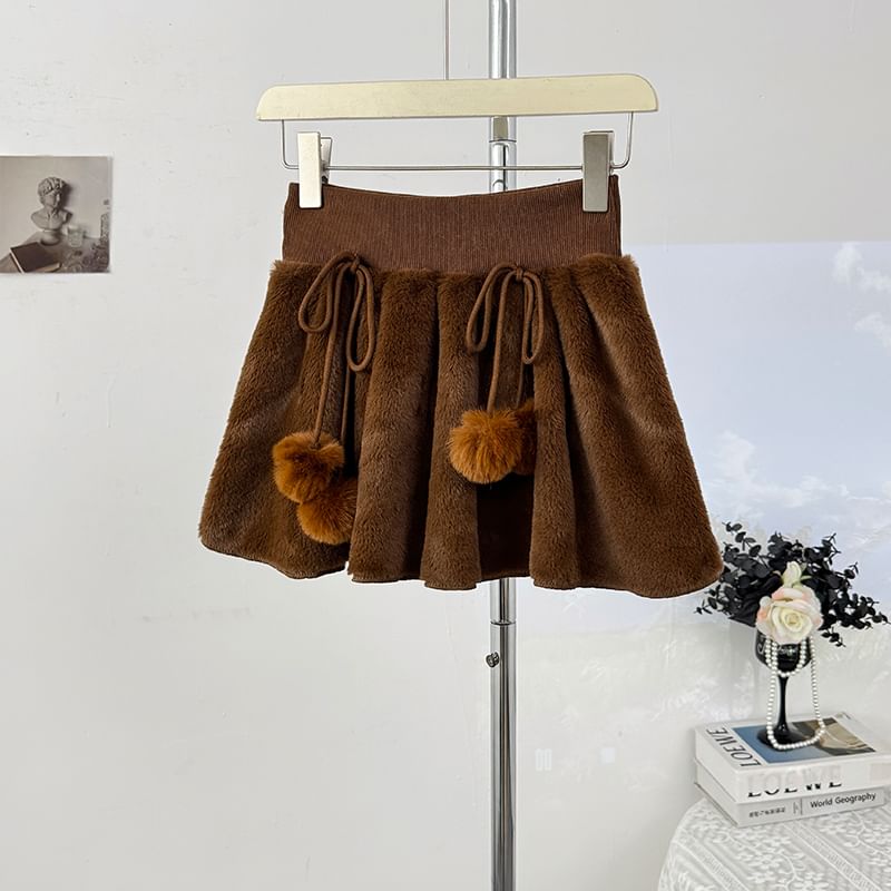 High Waist Pom Pom Fleece Mini A-Line Skirt