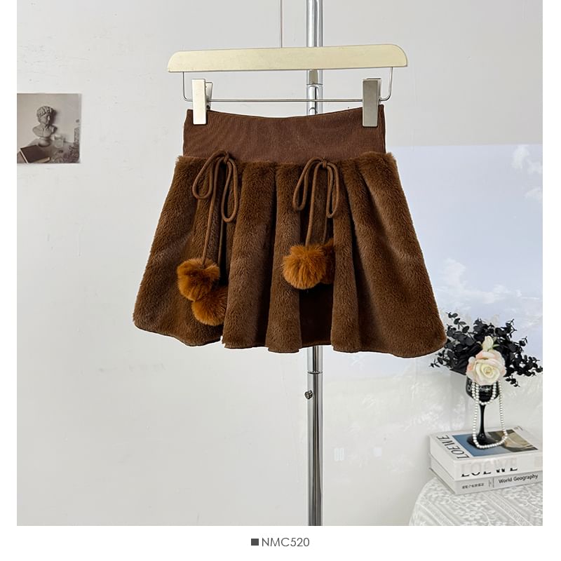 High Waist Pom Pom Fleece Mini A-Line Skirt