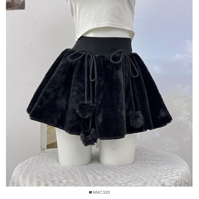 High Waist Pom Pom Fleece Mini A-Line Skirt
