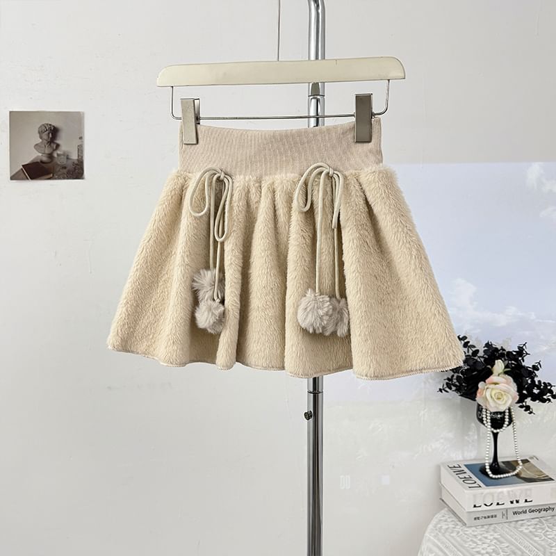 High Waist Pom Pom Fleece Mini A-Line Skirt