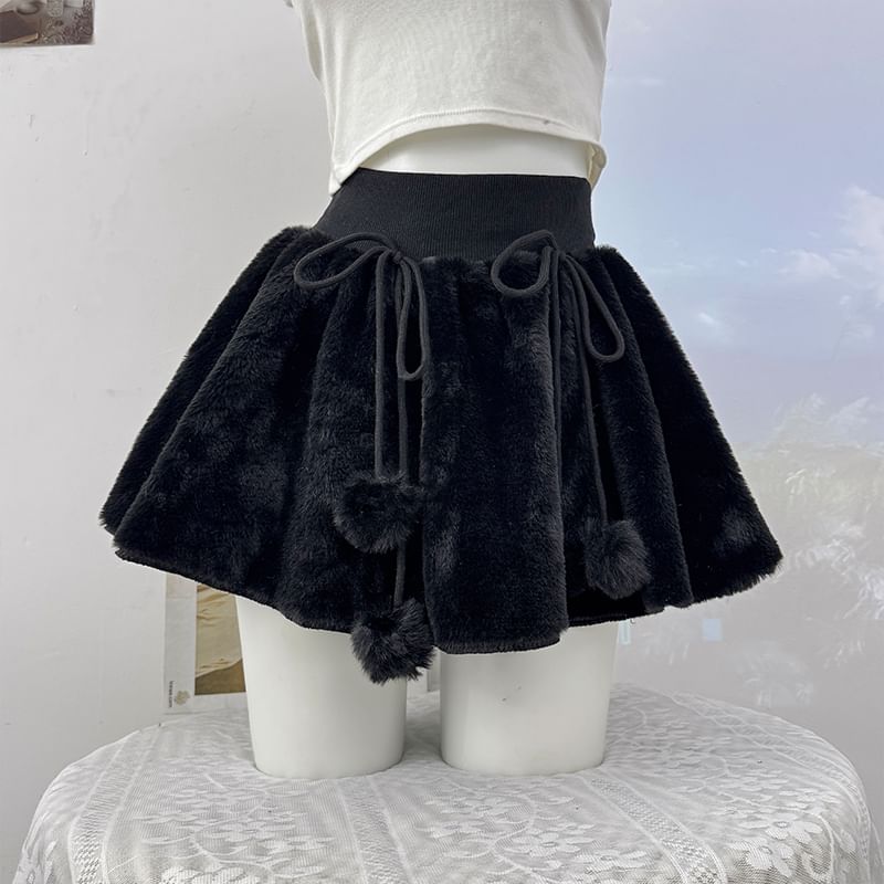 High Waist Pom Pom Fleece Mini A-Line Skirt
