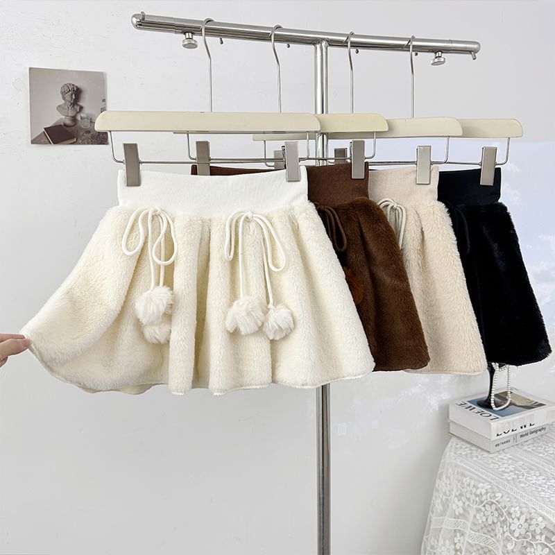 High Waist Pom Pom Fleece Mini A-Line Skirt