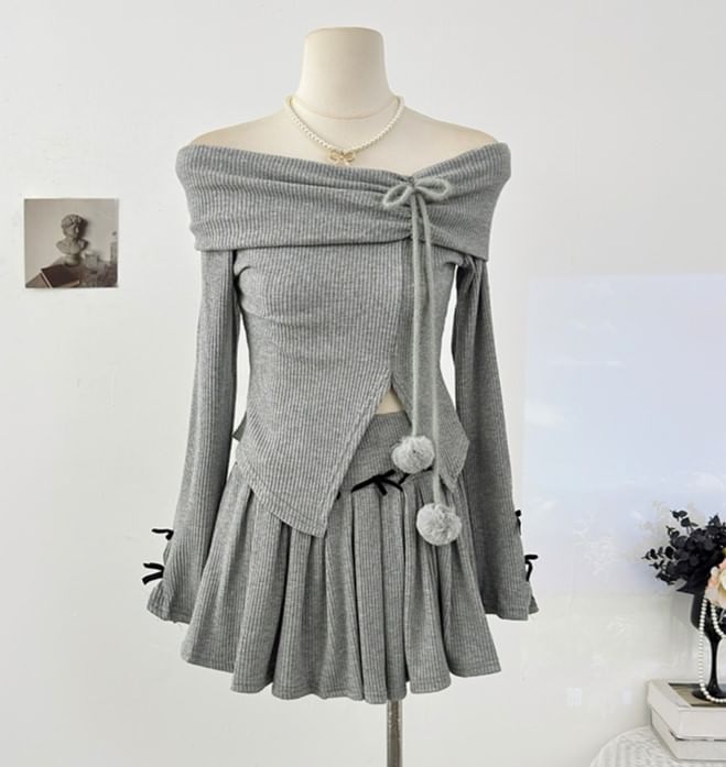 Off-Shoulder Ribbed Slit Knit Top & High Waist Mini Skirt Set