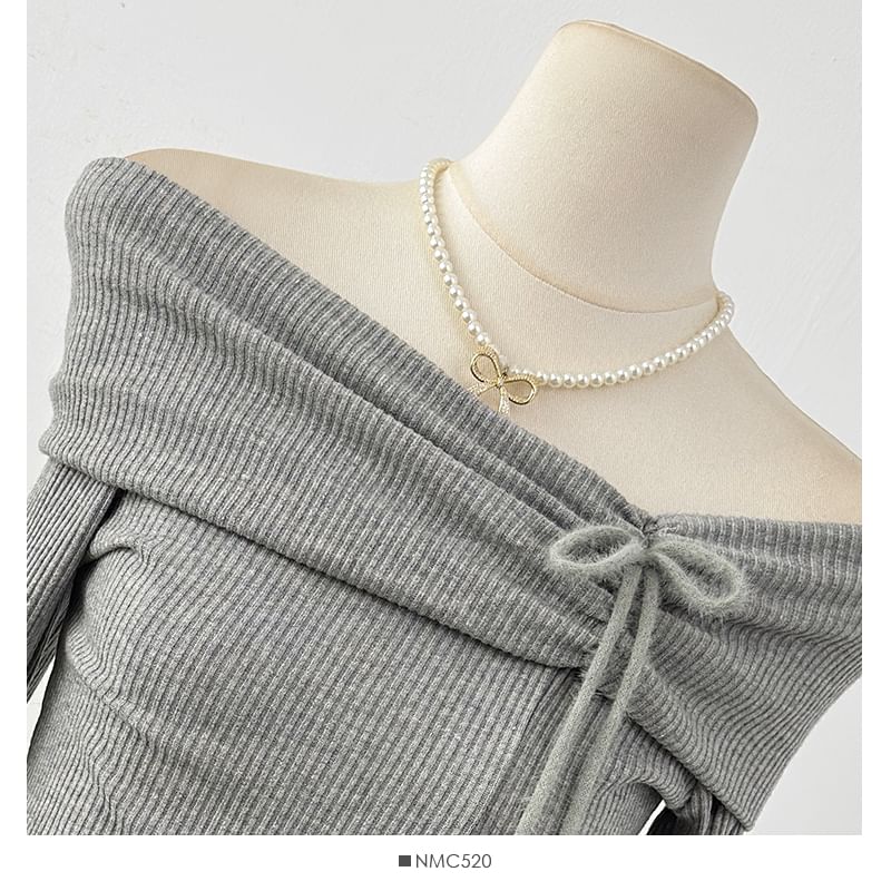 Off-Shoulder Ribbed Slit Knit Top & High Waist Mini Skirt Set