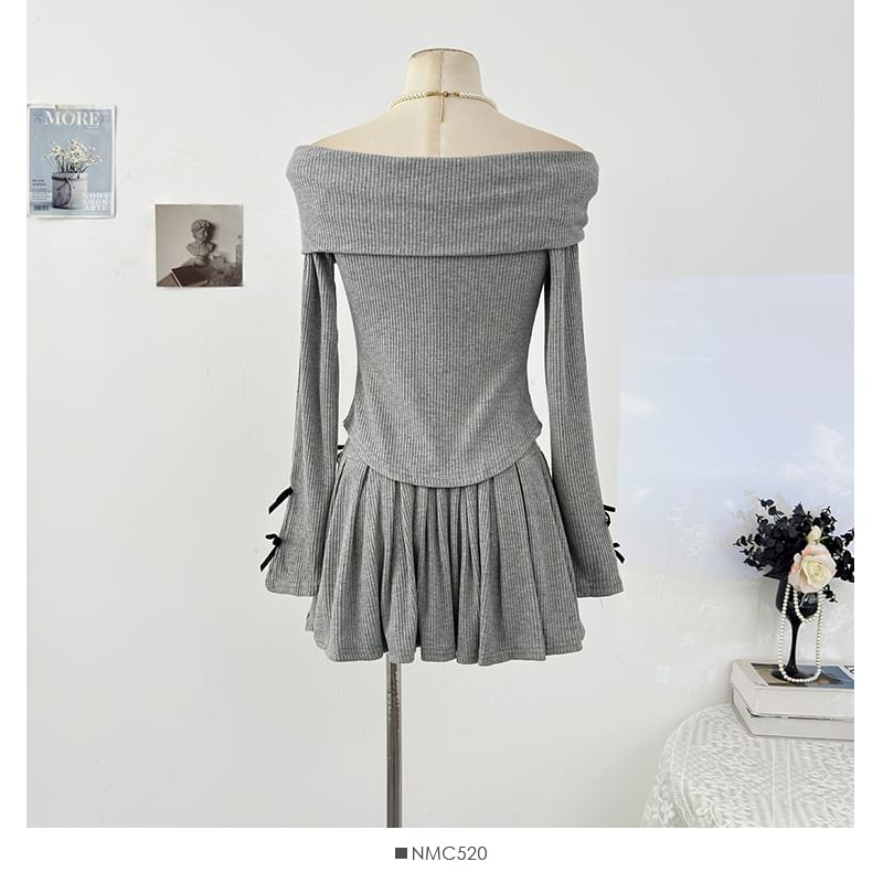 Off-Shoulder Ribbed Slit Knit Top & High Waist Mini Skirt Set