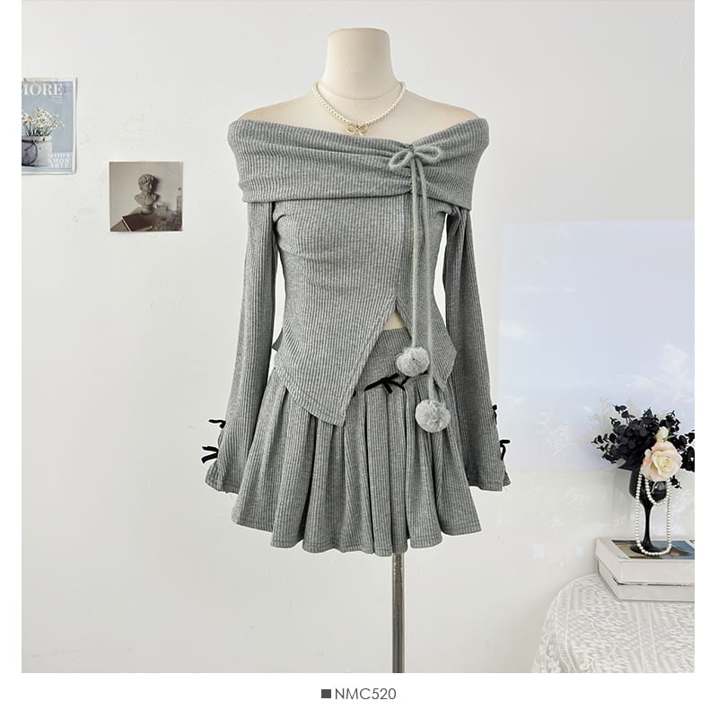 Off-Shoulder Ribbed Slit Knit Top & High Waist Mini Skirt Set