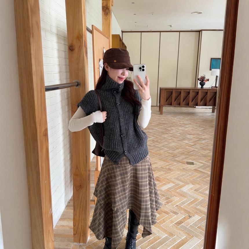 Classic Collar Buttoned Knit Vest & High-Waisted Plaid Asymmetrical Midi Skirt