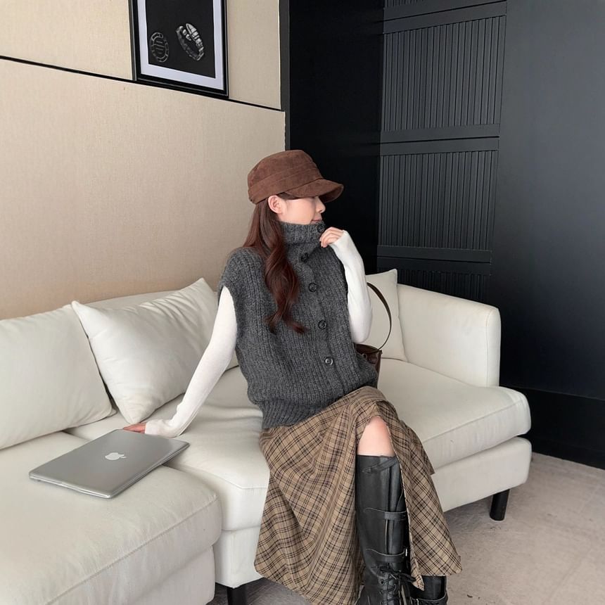 Classic Collar Buttoned Knit Vest & High-Waisted Plaid Asymmetrical Midi Skirt