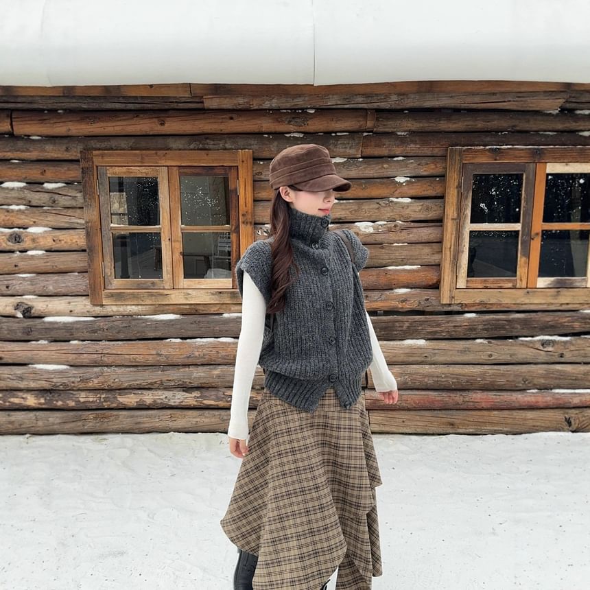 Classic Collar Buttoned Knit Vest & High-Waisted Plaid Asymmetrical Midi Skirt