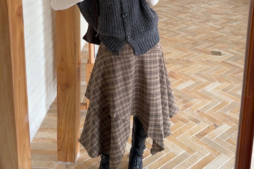 Classic Collar Buttoned Knit Vest & High-Waisted Plaid Asymmetrical Midi Skirt