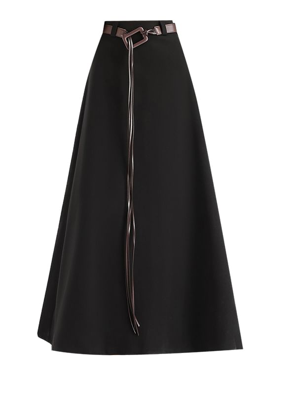 High Rise Plain Maxi A-Line Skirt with Belt