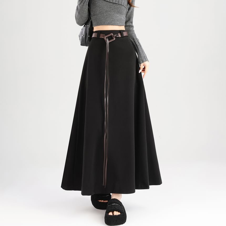 High Rise Plain Maxi A-Line Skirt with Belt