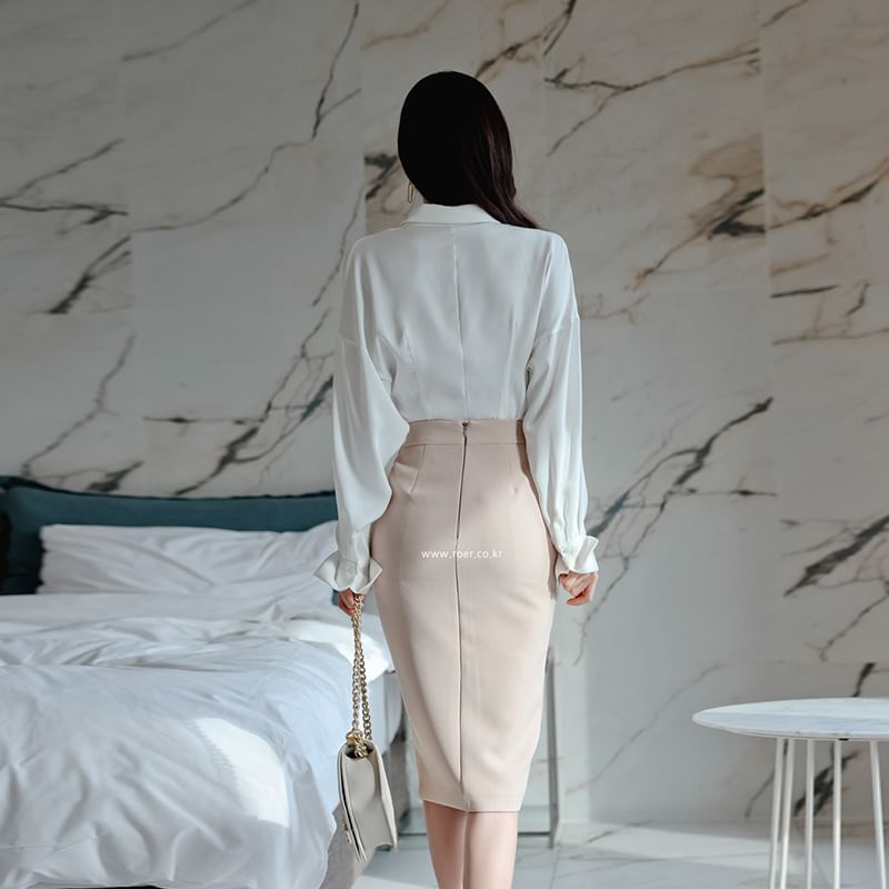 Long-Sleeve V-Neck Collared Blouse & High Rise Slit Pencil Skirt Set