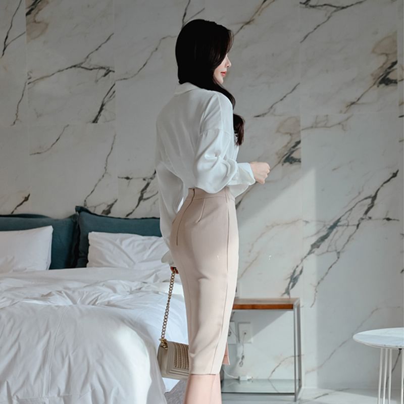 Long-Sleeve V-Neck Collared Blouse & High Rise Slit Pencil Skirt Set