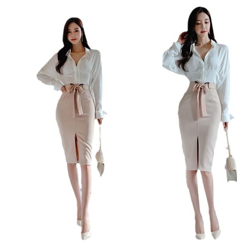 Long-Sleeve V-Neck Collared Blouse & High Rise Slit Pencil Skirt Set