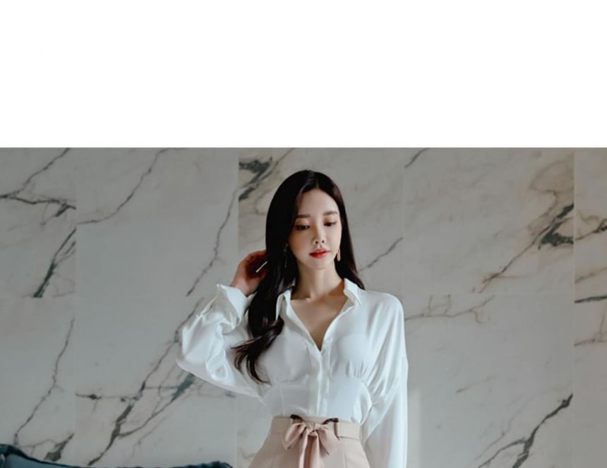 Long-Sleeve V-Neck Collared Blouse & High Rise Slit Pencil Skirt Set