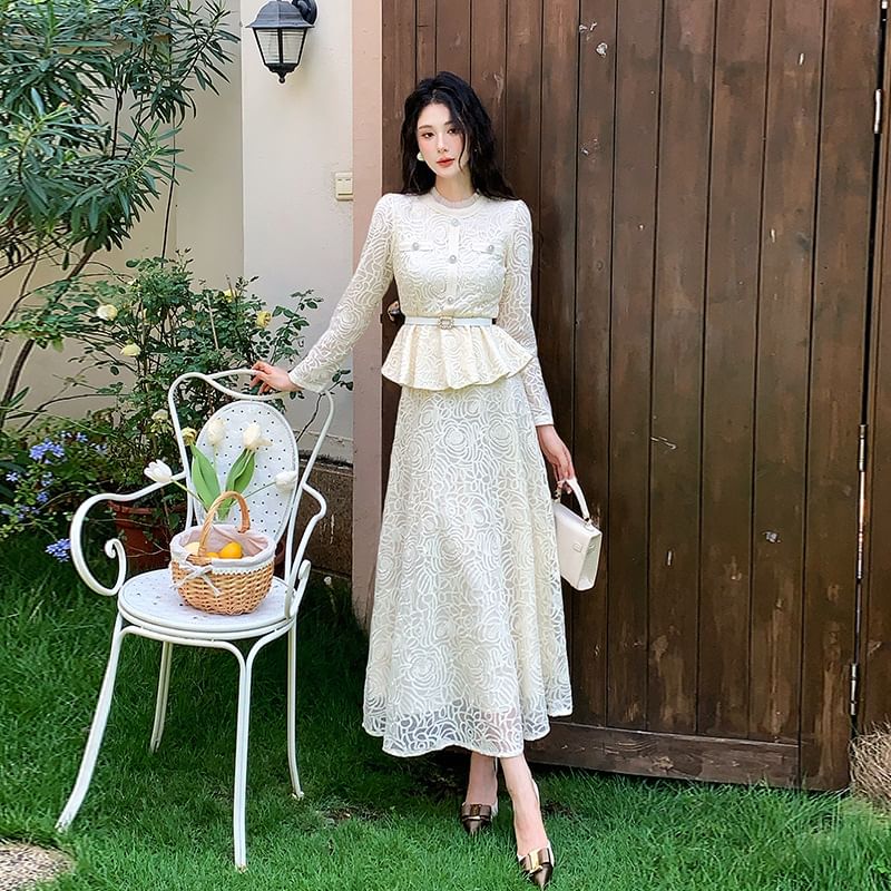 Stand Collar Peplum Lace Blouse & High Waist Maxi A-Line Skirt Set