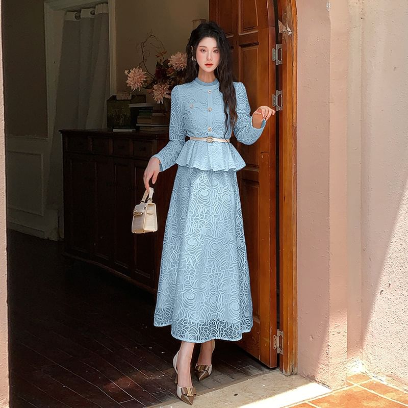 Stand Collar Peplum Lace Blouse & High Waist Maxi A-Line Skirt Set