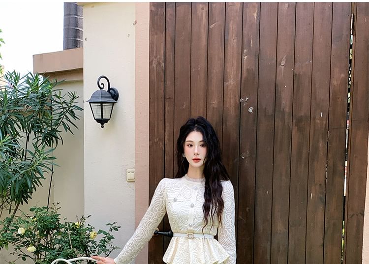 Stand Collar Peplum Lace Blouse & High Waist Maxi A-Line Skirt Set