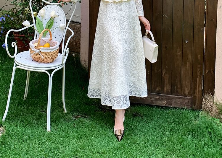Stand Collar Peplum Lace Blouse & High Waist Maxi A-Line Skirt Set