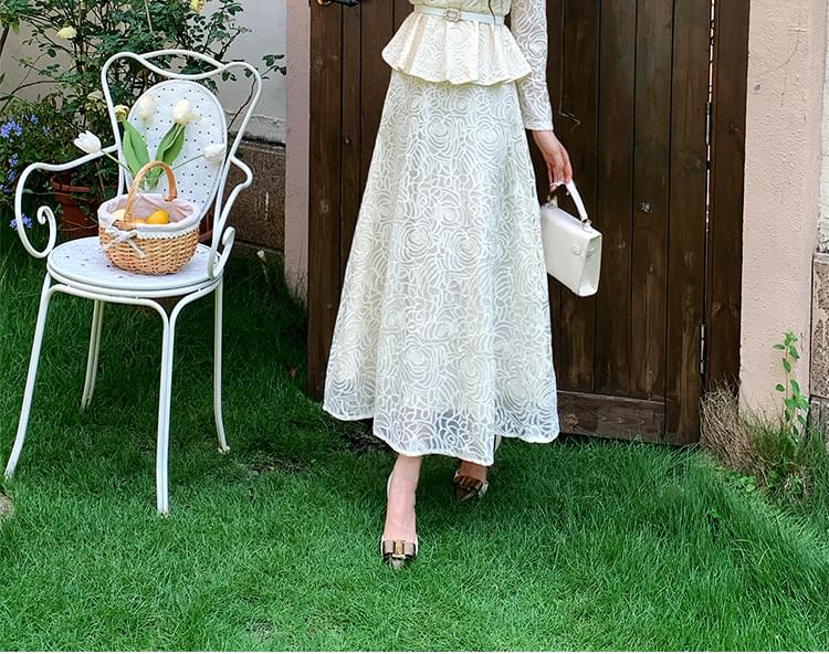 Stand Collar Peplum Lace Blouse & High Waist Maxi A-Line Skirt Set