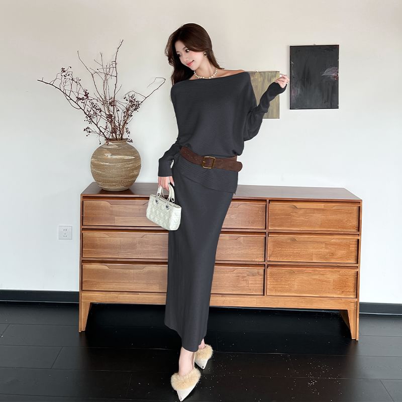 Long-Sleeve Off-Shoulder Knit Top & High Waist Maxi Pencil Skirt with Belt