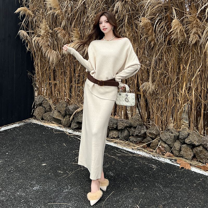 Long-Sleeve Off-Shoulder Knit Top & High Waist Maxi Pencil Skirt with Belt